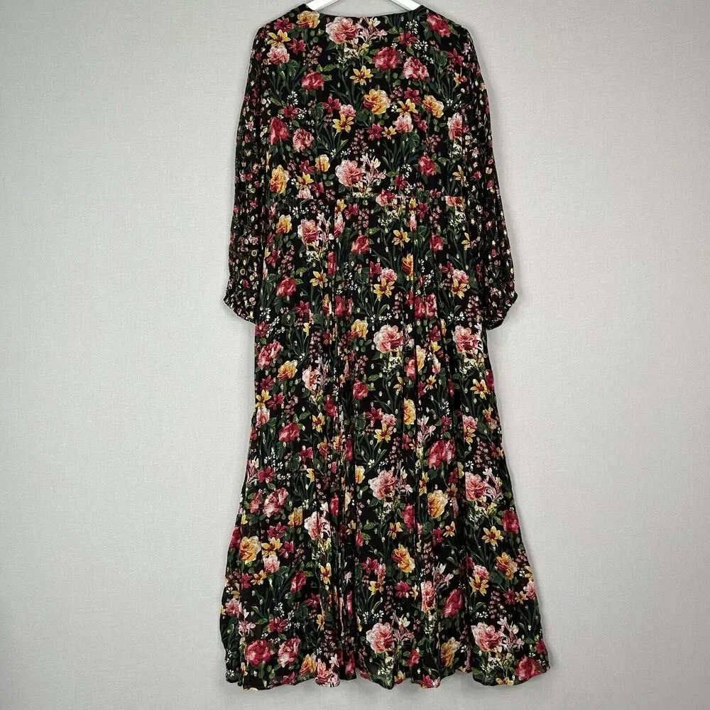J.Crew Tie Front Floral Maxi Dress Womens Dress XL Black Cottage Prairie Boho